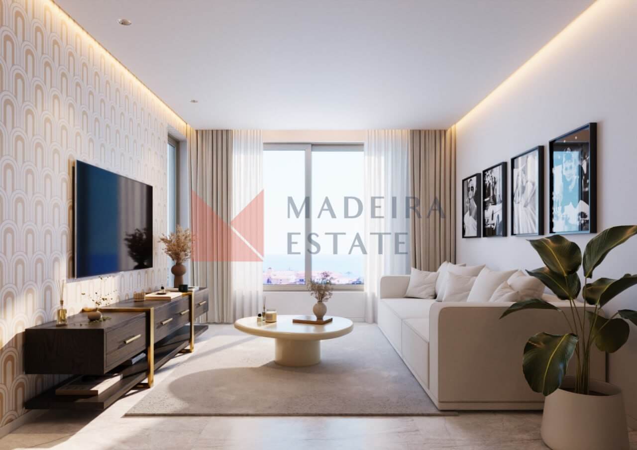 Modern T1 Apartment in Ribeira Brava, Madeira – living room view Modern T1 apartment living room in Ribeira Brava, Madeira